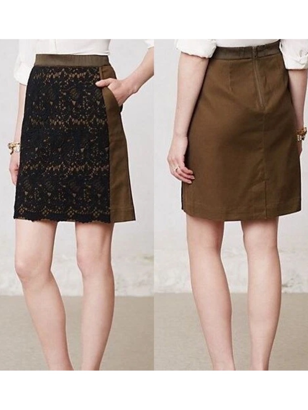 Anthropologie Maeve Rione Mini SKIRT Olive Black Crochet Lace Overlay 6 EUC